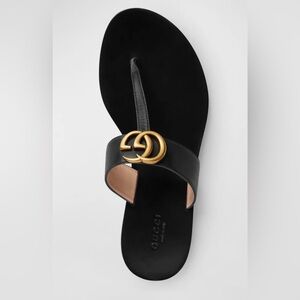 Brand new NIB Gucci logo leather sandal. Gold/brass tone hardware.